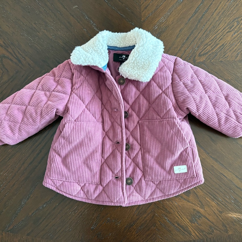 7 For All Mankind Pink Quilted Puffer Jacket with White Collar